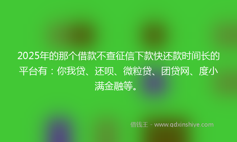 2025年的那个借款不查征信下款快还款时间长的平台有：你我贷、还呗、微粒贷、团贷网、度小满金融等。