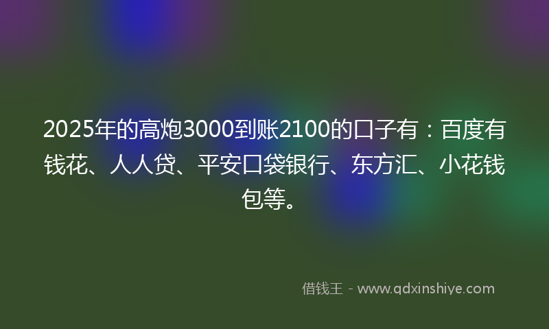 2025年的高炮3000到账2100的口子有：百度有钱花、人人贷、平安口袋银行、东方汇、小花钱包等。