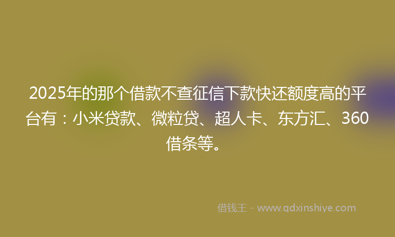 2025年的那个借款不查征信下款快还额度高的平台有：小米贷款、微粒贷、超人卡、东方汇、360借条等。