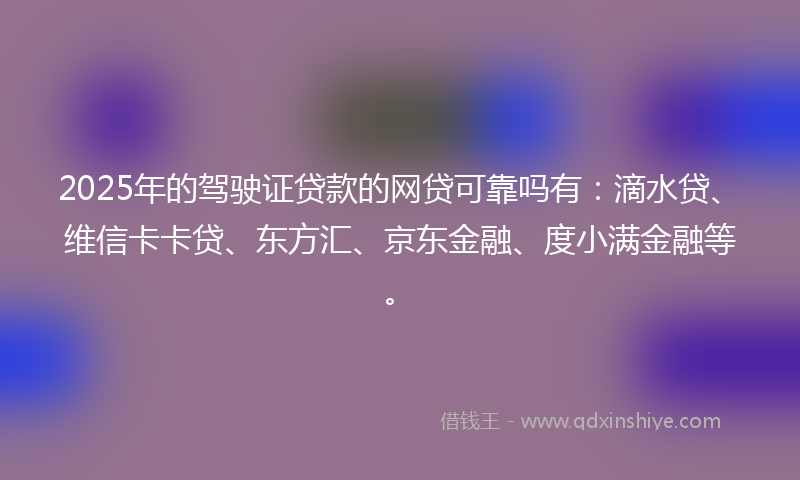 2025年的驾驶证贷款的网贷可靠吗有：滴水贷、维信卡卡贷、东方汇、京东金融、度小满金融等。