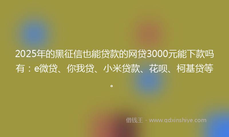 2025年的黑征信也能贷款的网贷3000元能下款吗有：e微贷、你我贷、小米贷款、花呗、柯基贷等。