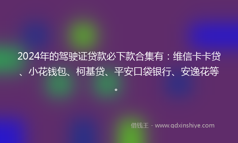 2024年的驾驶证贷款必下款合集有：维信卡卡贷、小花钱包、柯基贷、平安口袋银行、安逸花等。