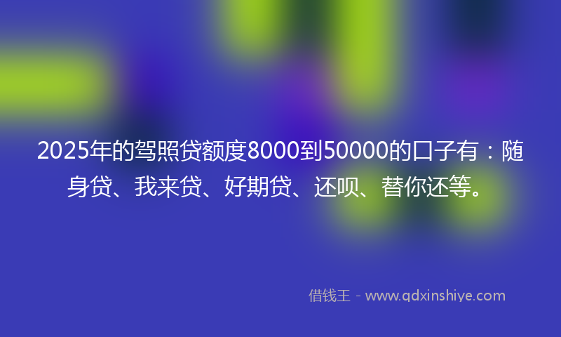2025年的驾照贷额度8000到50000的口子有：随身贷、我来贷、好期贷、还呗、替你还等。