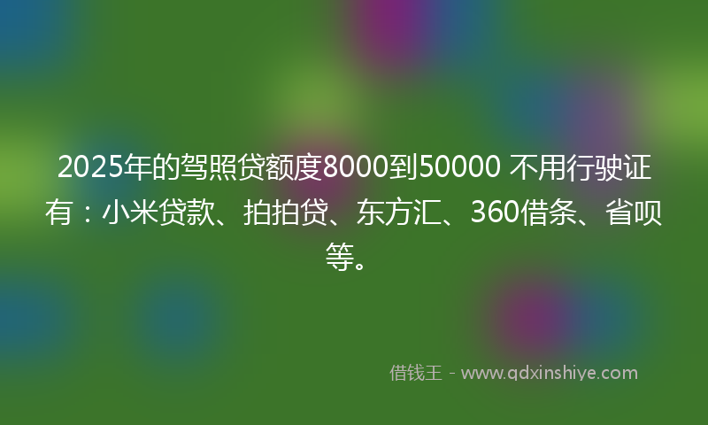 2025年的驾照贷额度8000到50000 不用行驶证有：小米贷款、拍拍贷、东方汇、360借条、省呗等。