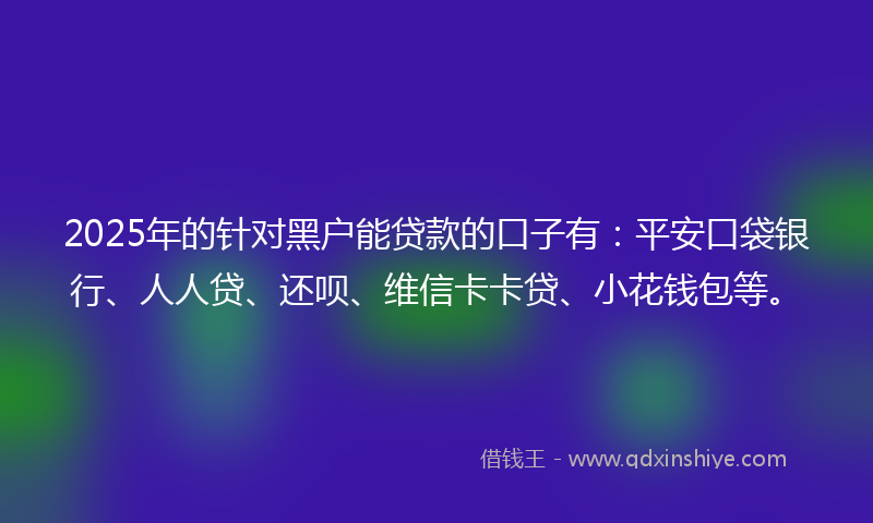 2025年的针对黑户能贷款的口子有：平安口袋银行、人人贷、还呗、维信卡卡贷、小花钱包等。