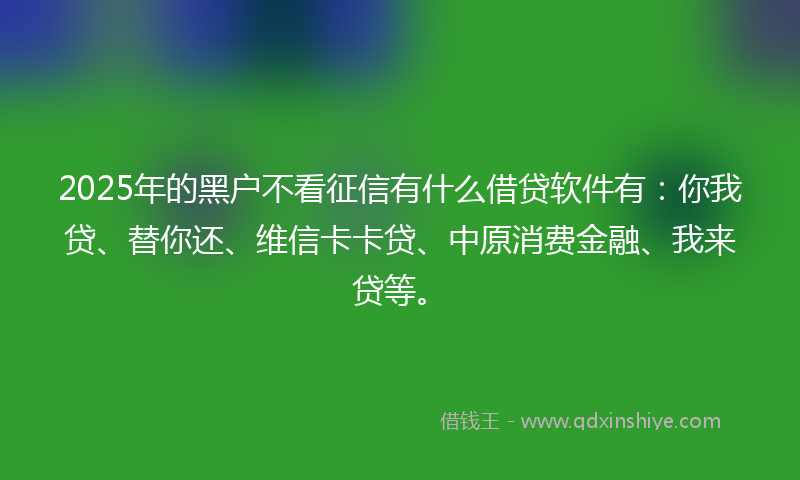 2025年的黑户不看征信有什么借贷软件有：你我贷、替你还、维信卡卡贷、中原消费金融、我来贷等。