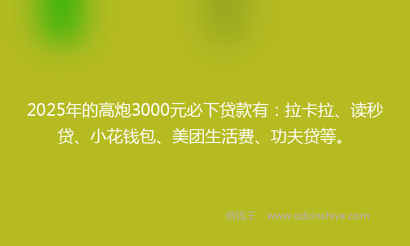 2025年的高炮3000元必下贷款有：拉卡拉、读秒贷、小花钱包、美团生活费、功夫贷等。
