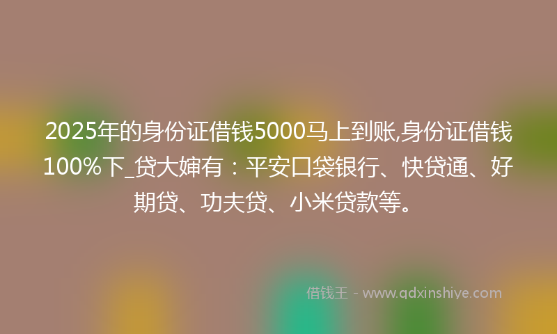 2025年的身份证借钱5000马上到账,身份证借钱100%下_贷大婶有：平安口袋银行、快贷通、好期贷、功夫贷、小米贷款等。
