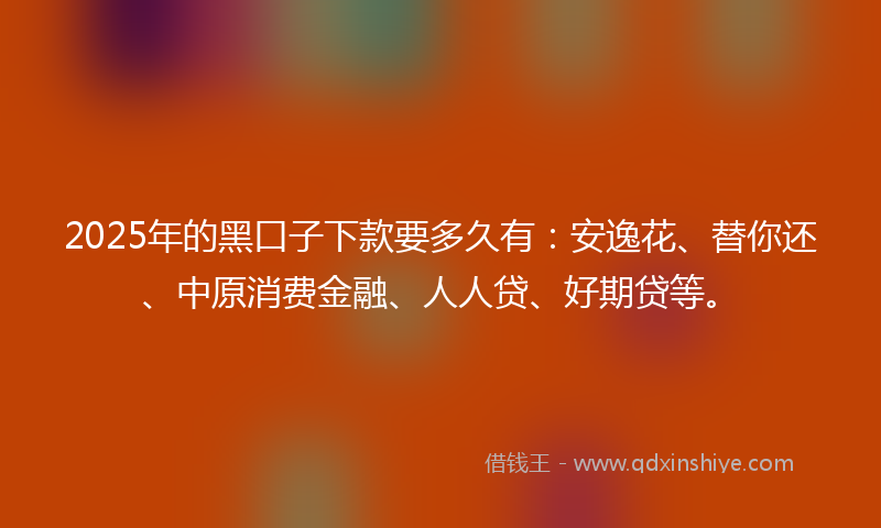 2025年的黑口子下款要多久有：安逸花、替你还、中原消费金融、人人贷、好期贷等。