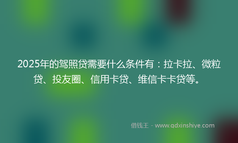 2025年的驾照贷需要什么条件有：拉卡拉、微粒贷、投友圈、信用卡贷、维信卡卡贷等。