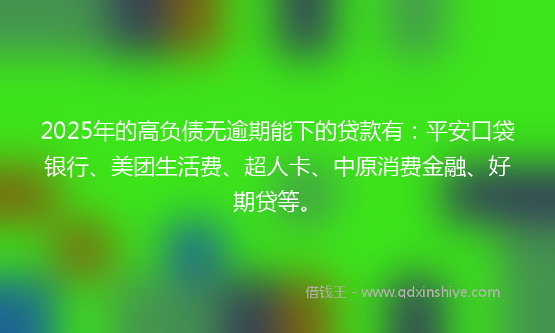 2025年的高负债无逾期能下的贷款有：平安口袋银行、美团生活费、超人卡、中原消费金融、好期贷等。