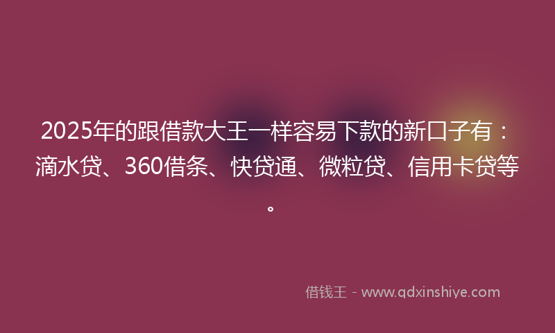 2025年的跟借款大王一样容易下款的新口子有：滴水贷、360借条、快贷通、微粒贷、信用卡贷等。