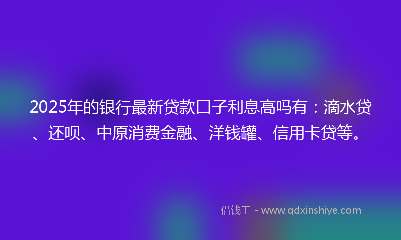 2025年的银行最新贷款口子利息高吗有：滴水贷、还呗、中原消费金融、洋钱罐、信用卡贷等。