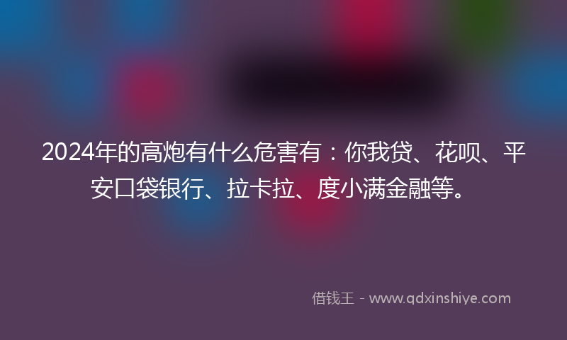2024年的高炮有什么危害有：你我贷、花呗、平安口袋银行、拉卡拉、度小满金融等。