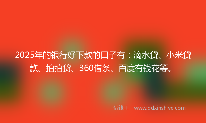 2025年的银行好下款的口子有：滴水贷、小米贷款、拍拍贷、360借条、百度有钱花等。