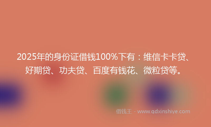 2025年的身份证借钱100%下有：维信卡卡贷、好期贷、功夫贷、百度有钱花、微粒贷等。