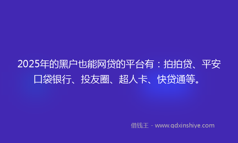 2025年的黑户也能网贷的平台有：拍拍贷、平安口袋银行、投友圈、超人卡、快贷通等。