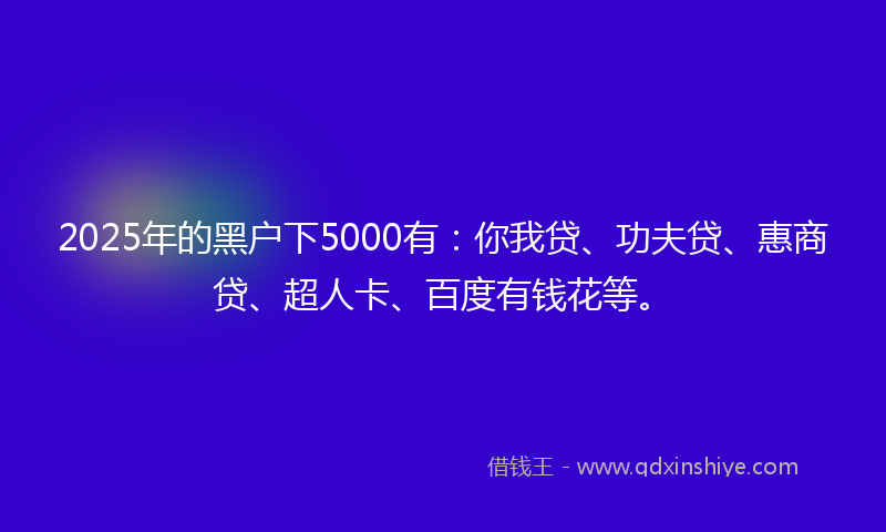 2025年的黑户下5000有：你我贷、功夫贷、惠商贷、超人卡、百度有钱花等。