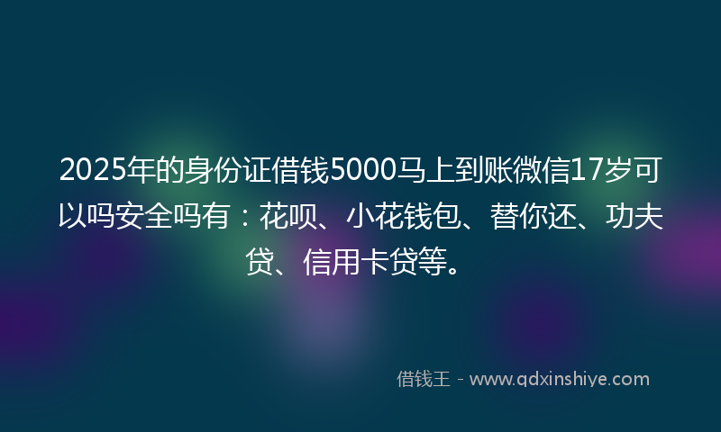 2025年的身份证借钱5000马上到账微信17岁可以吗安全吗有：花呗、小花钱包、替你还、功夫贷、信用卡贷等。