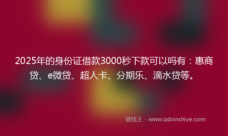 2025年的身份证借款3000秒下款可以吗有：惠商贷、e微贷、超人卡、分期乐、滴水贷等。