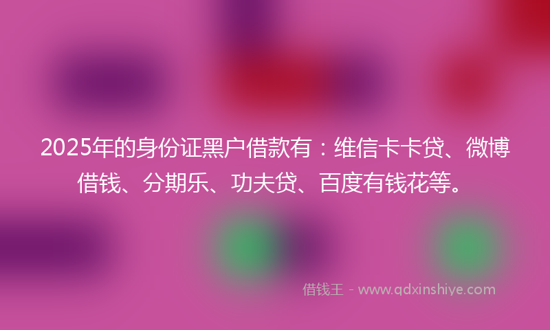 2025年的身份证黑户借款有：维信卡卡贷、微博借钱、分期乐、功夫贷、百度有钱花等。