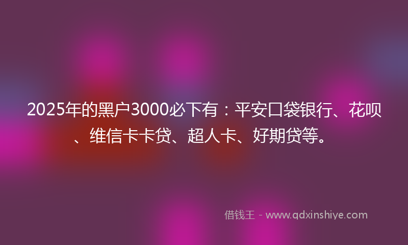 2025年的黑户3000必下有：平安口袋银行、花呗、维信卡卡贷、超人卡、好期贷等。