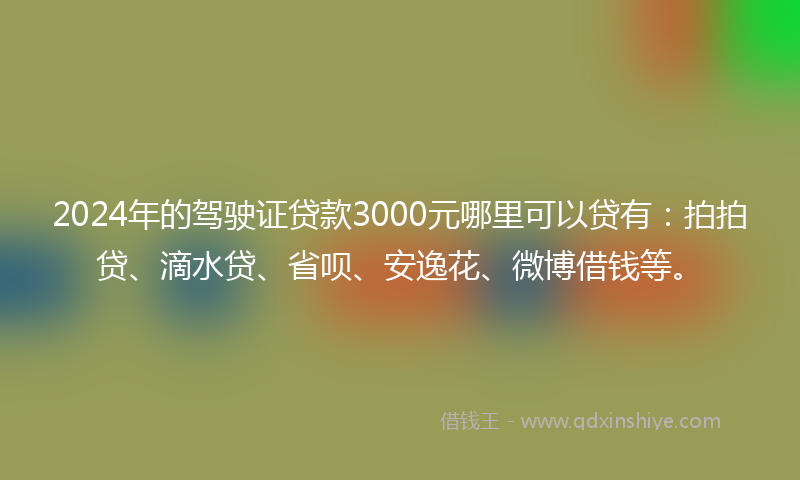 2024年的驾驶证贷款3000元哪里可以贷有：拍拍贷、滴水贷、省呗、安逸花、微博借钱等。