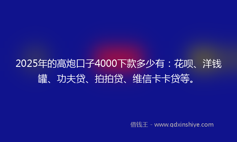 2025年的高炮口子4000下款多少有：花呗、洋钱罐、功夫贷、拍拍贷、维信卡卡贷等。