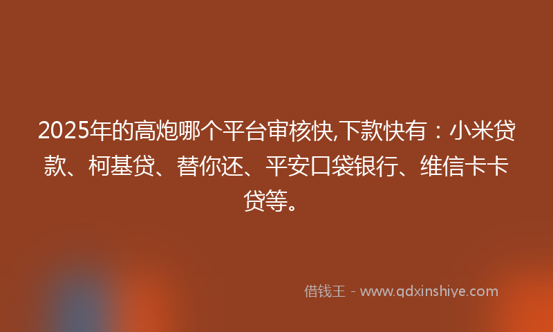 2025年的高炮哪个平台审核快,下款快有：小米贷款、柯基贷、替你还、平安口袋银行、维信卡卡贷等。