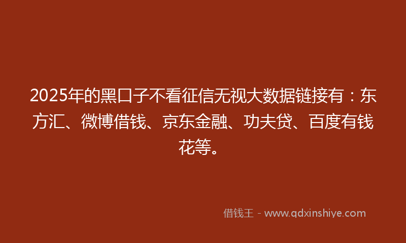 2025年的黑口子不看征信无视大数据链接有：东方汇、微博借钱、京东金融、功夫贷、百度有钱花等。