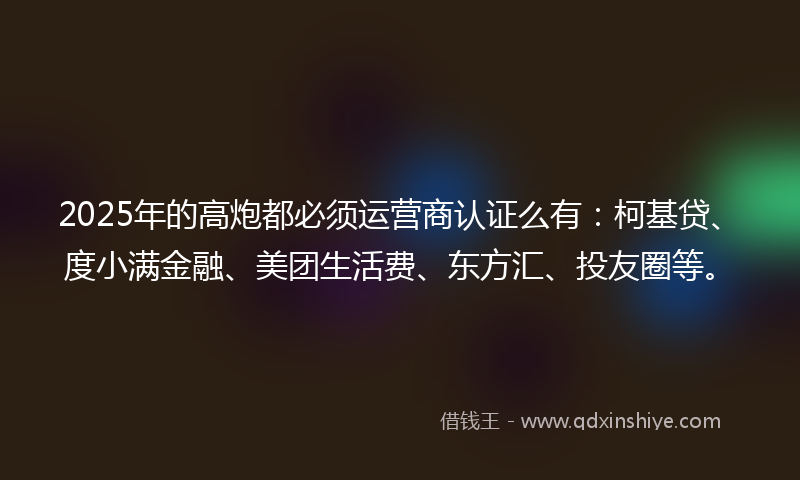 2025年的高炮都必须运营商认证么有：柯基贷、度小满金融、美团生活费、东方汇、投友圈等。