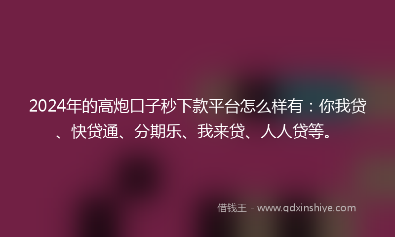 2024年的高炮口子秒下款平台怎么样有：你我贷、快贷通、分期乐、我来贷、人人贷等。
