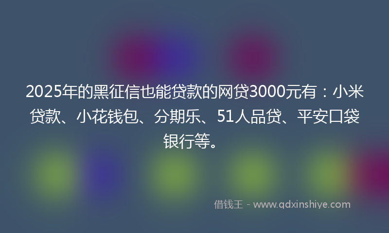 2025年的黑征信也能贷款的网贷3000元有：小米贷款、小花钱包、分期乐、51人品贷、平安口袋银行等。