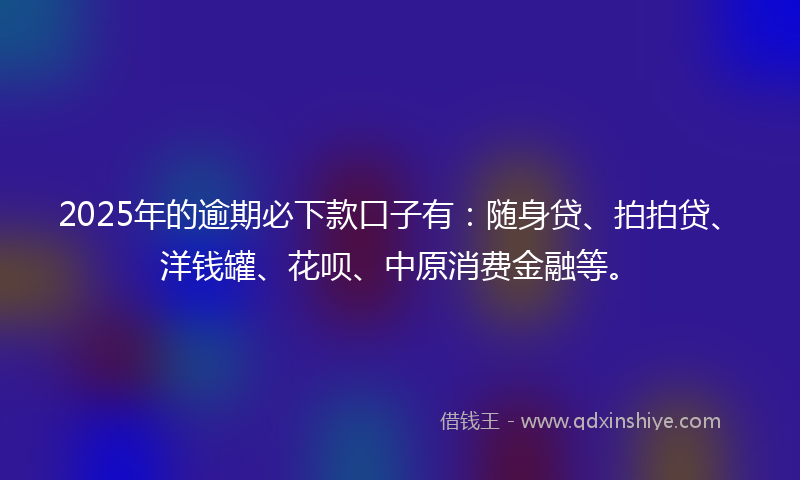 2025年的逾期必下款口子有：随身贷、拍拍贷、洋钱罐、花呗、中原消费金融等。