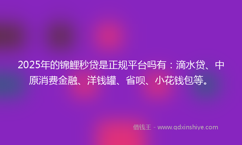 2025年的锦鲤秒贷是正规平台吗有：滴水贷、中原消费金融、洋钱罐、省呗、小花钱包等。