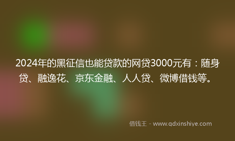 2024年的黑征信也能贷款的网贷3000元有：随身贷、融逸花、京东金融、人人贷、微博借钱等。