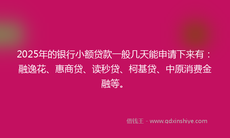 2025年的银行小额贷款一般几天能申请下来有：融逸花、惠商贷、读秒贷、柯基贷、中原消费金融等。