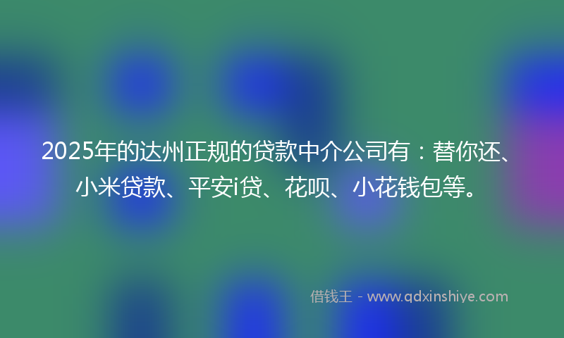 2025年的达州正规的贷款中介公司有：替你还、小米贷款、平安i贷、花呗、小花钱包等。