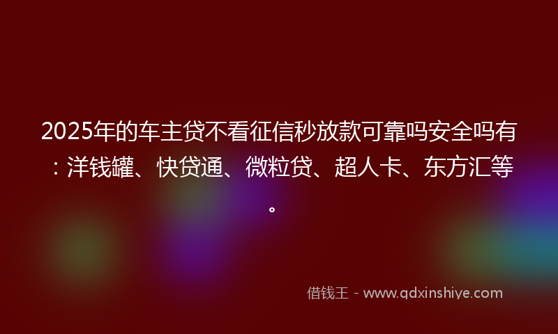 2025年的车主贷不看征信秒放款可靠吗安全吗有：洋钱罐、快贷通、微粒贷、超人卡、东方汇等。