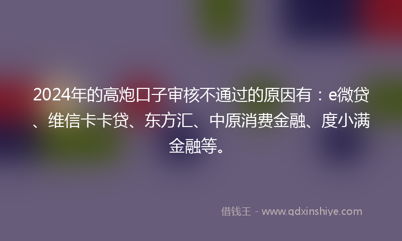2024年的高炮口子审核不通过的原因有：e微贷、维信卡卡贷、东方汇、中原消费金融、度小满金融等。