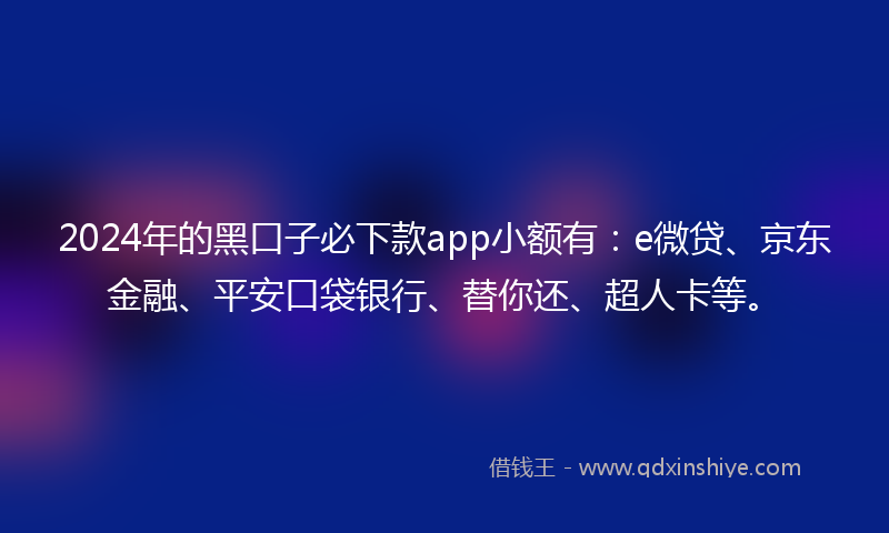 2024年的黑口子必下款app小额有：e微贷、京东金融、平安口袋银行、替你还、超人卡等。