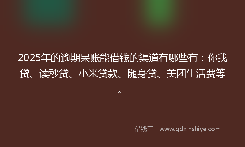 2025年的逾期呆账能借钱的渠道有哪些有：你我贷、读秒贷、小米贷款、随身贷、美团生活费等。