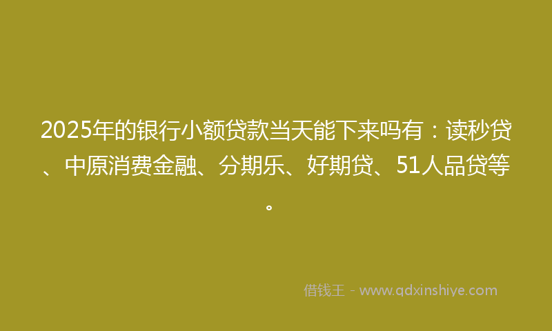 2025年的银行小额贷款当天能下来吗有：读秒贷、中原消费金融、分期乐、好期贷、51人品贷等。