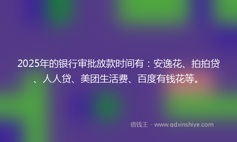 2025年的银行审批放款时间有：安逸花、拍拍贷、人人贷、美团生活费、百度有钱花等。