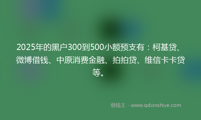 2025年的黑户300到500小额预支有：柯基贷、微博借钱、中原消费金融、拍拍贷、维信卡卡贷等。