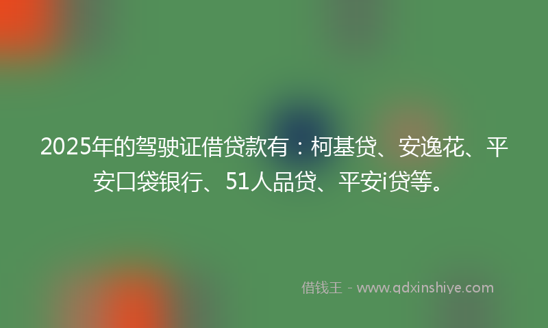 2025年的驾驶证借贷款有：柯基贷、安逸花、平安口袋银行、51人品贷、平安i贷等。