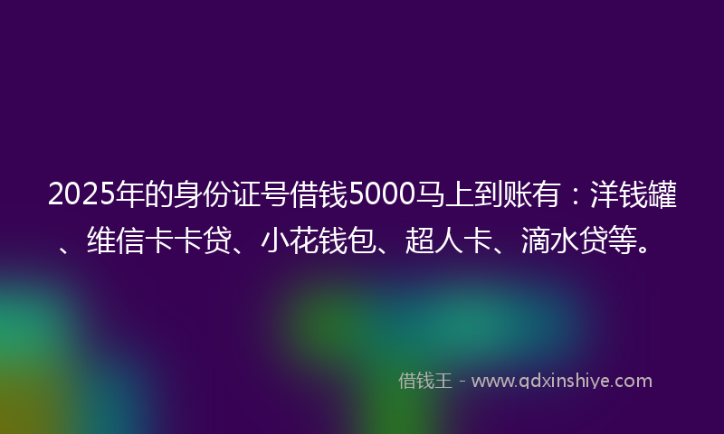 2025年的身份证号借钱5000马上到账有：洋钱罐、维信卡卡贷、小花钱包、超人卡、滴水贷等。