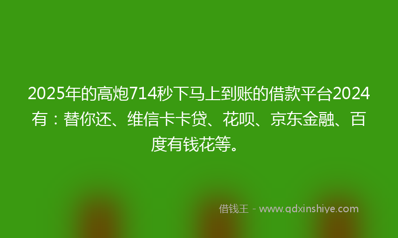 2025年的高炮714秒下马上到账的借款平台2024有：替你还、维信卡卡贷、花呗、京东金融、百度有钱花等。