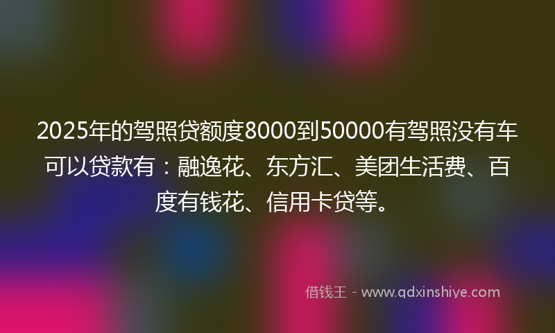 2025年的驾照贷额度8000到50000有驾照没有车可以贷款有：融逸花、东方汇、美团生活费、百度有钱花、信用卡贷等。