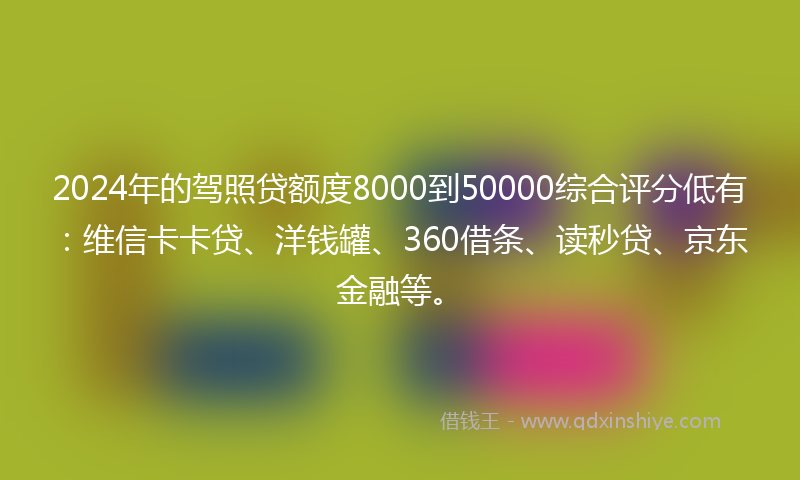 2024年的驾照贷额度8000到50000综合评分低有：维信卡卡贷、洋钱罐、360借条、读秒贷、京东金融等。